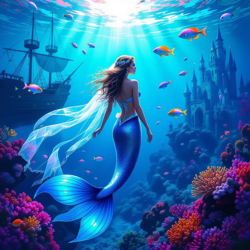 Mermaid in Neon Coral Reef, Art Nouveau Style