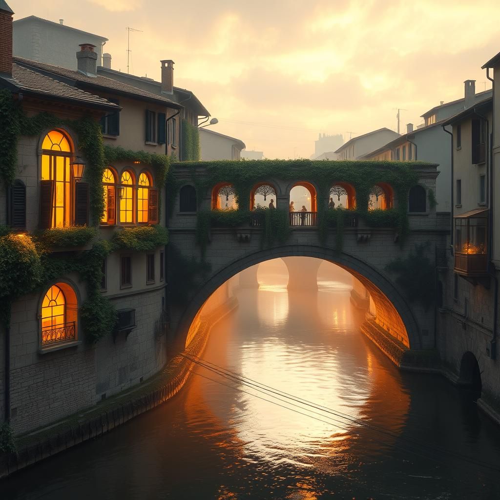 Pavia Cityscape with Renaissance Bridge in Atmospheric Light...