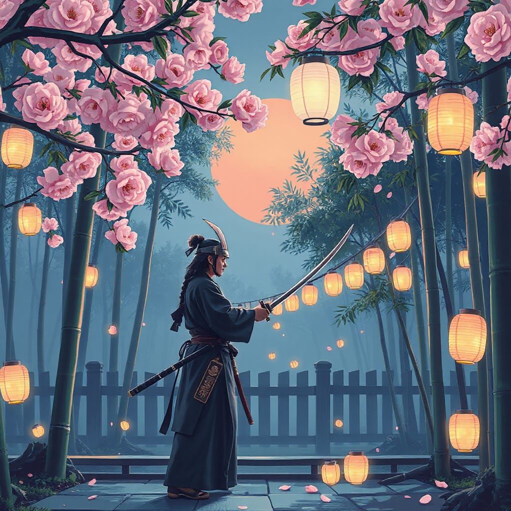 Samurai Sword Practice in Kyoto Garden with Lanterns