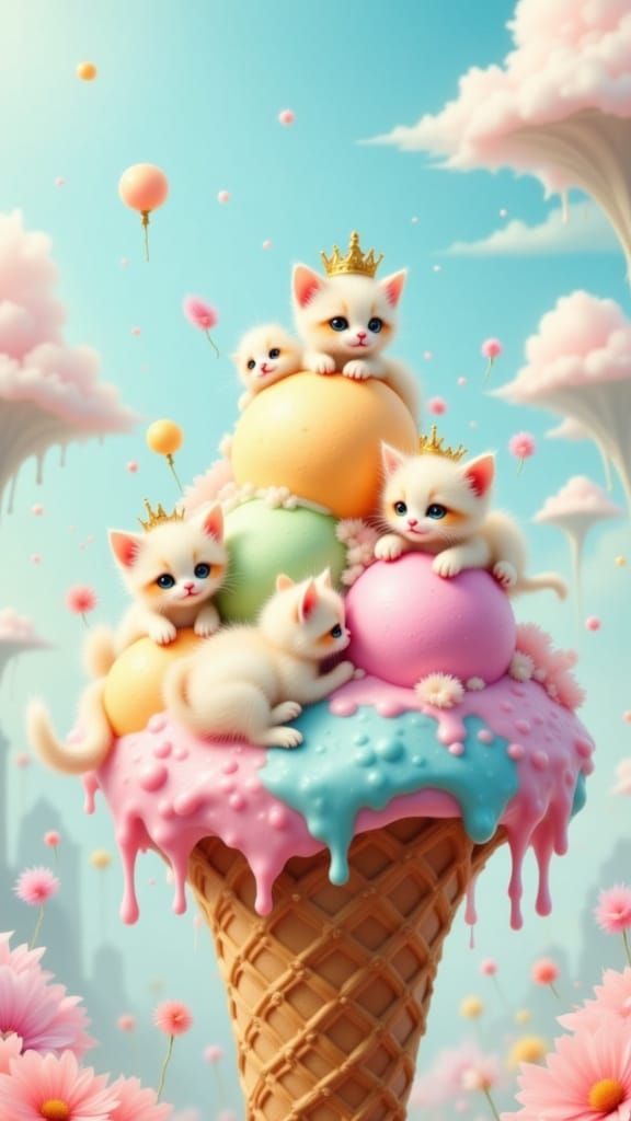 Fluffy Kittens in Crowns on Melting Ice Cream