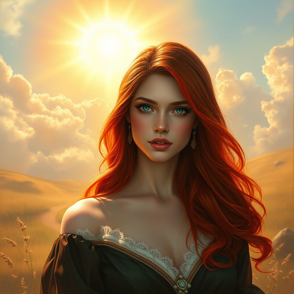 Red-Haired Woman in Sun-Kissed Landscape as Oil Painting