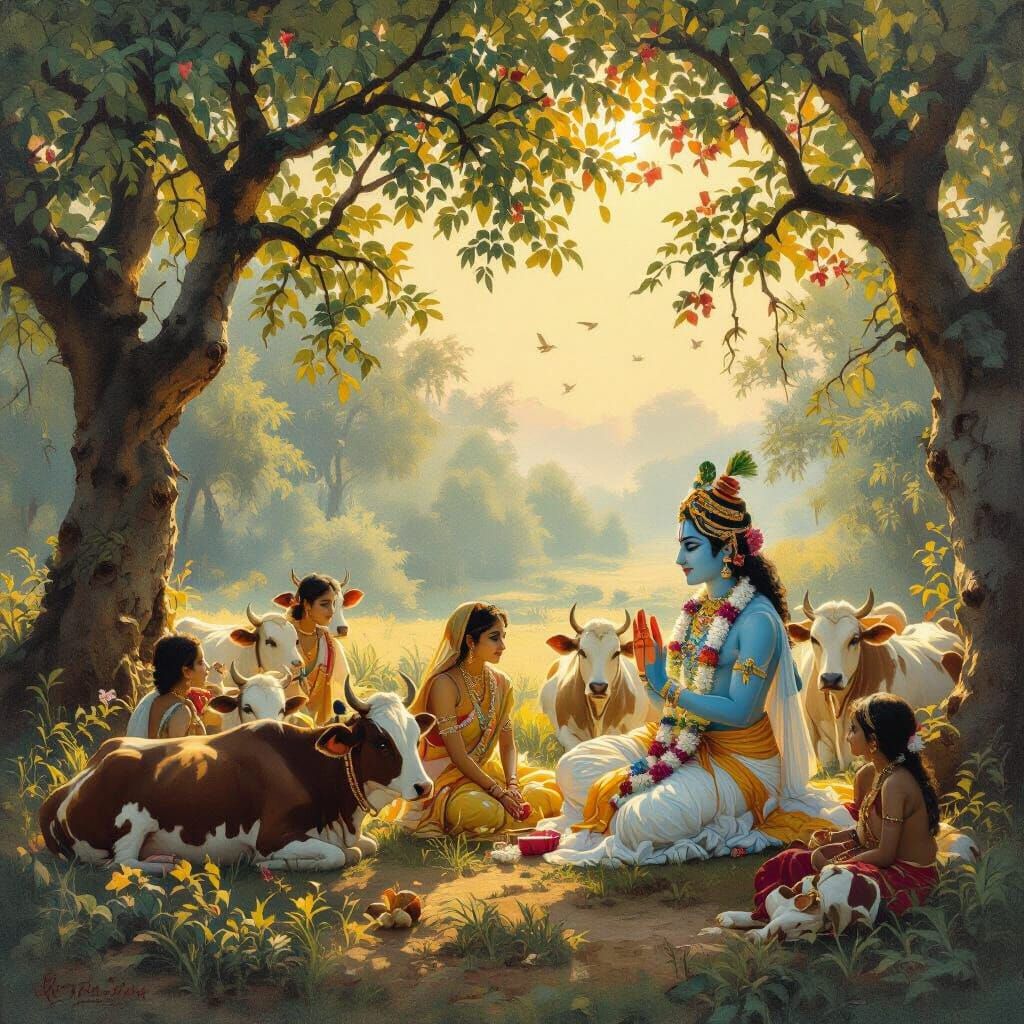 Krishna and Cows Bathed in Sunlight, Impressionistic Oil Pai...