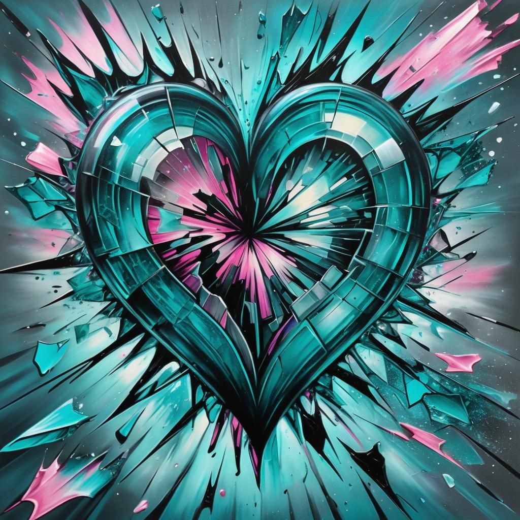 Exploding Shattered Glass Heart Charcoal Pastel Illustration