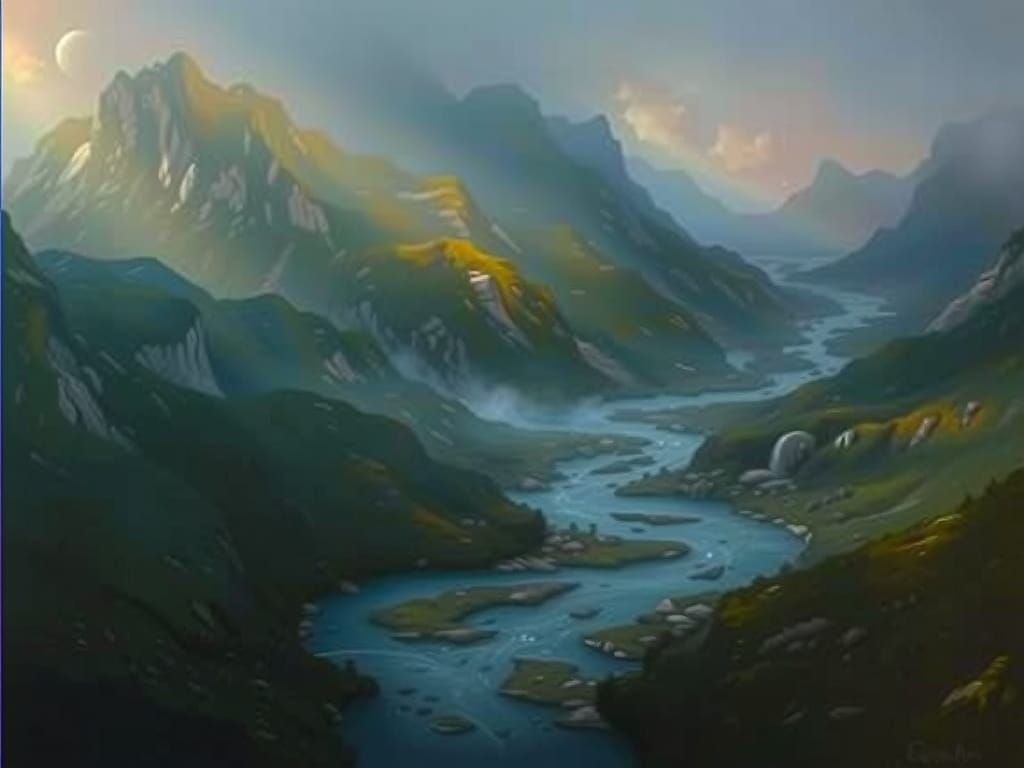 Dragon River Valley: Fantasy Oil Painting