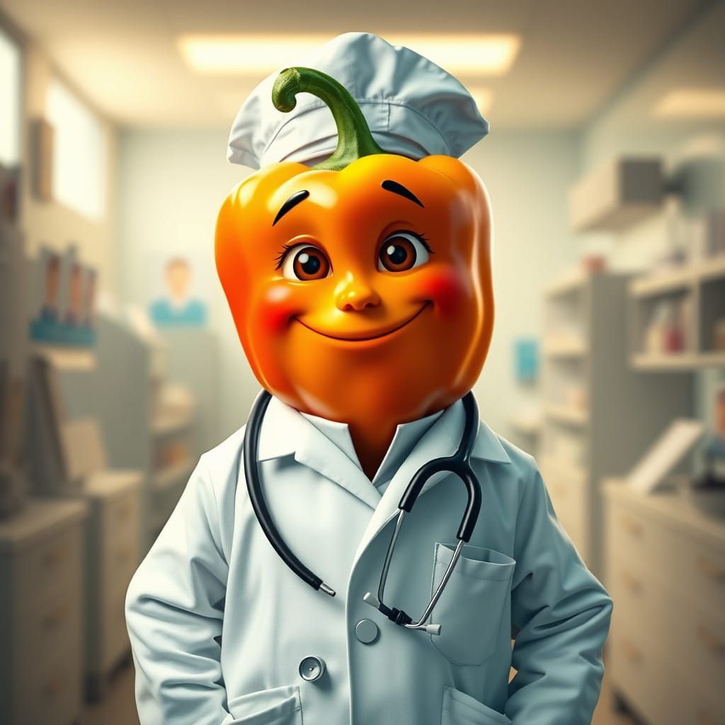 Anthropomorphic Bell Pepper Doctor in Whimsical Clinic