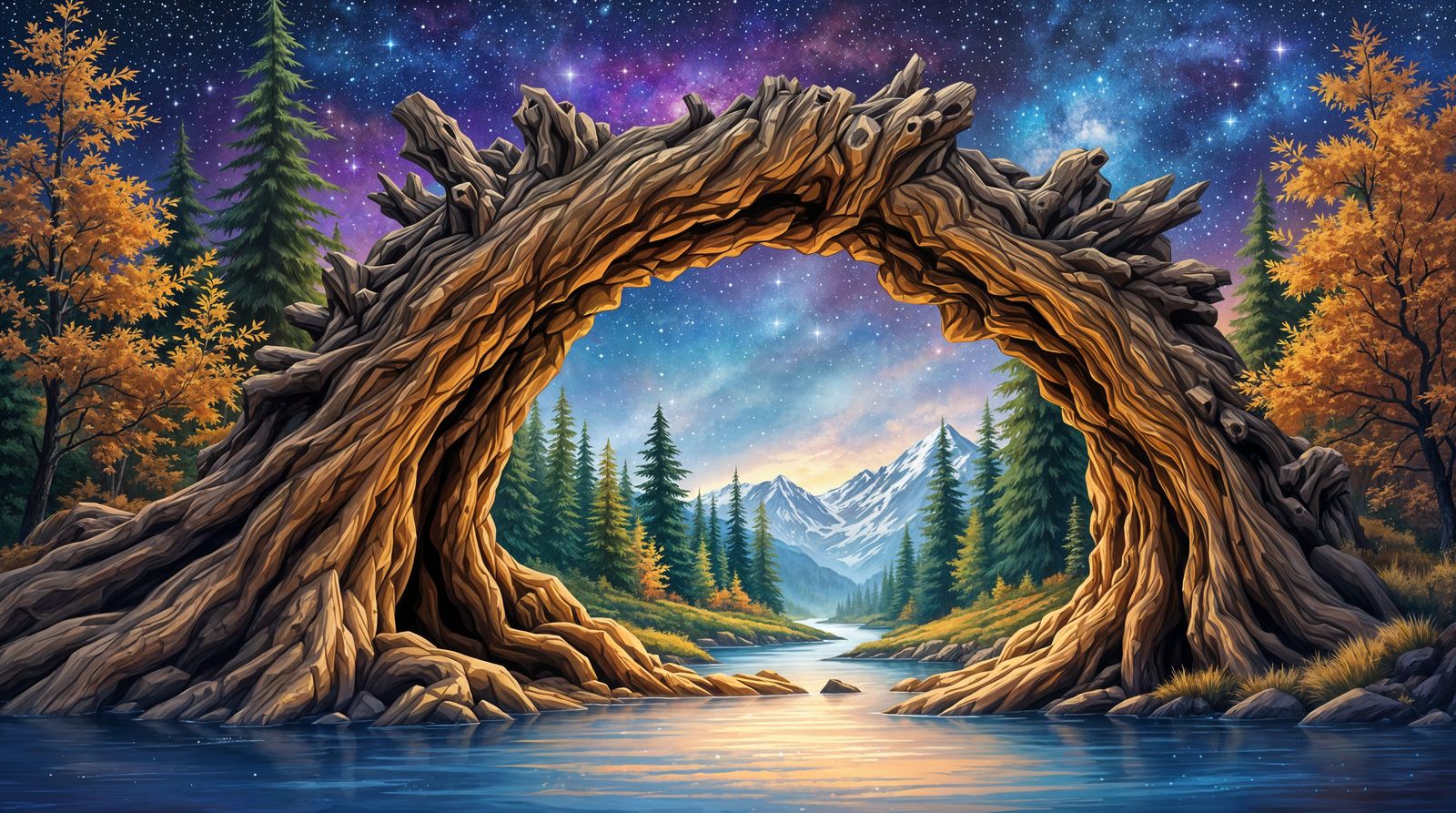 Ancient Tree Stump Portal to a Vibrant Celestial Landscape