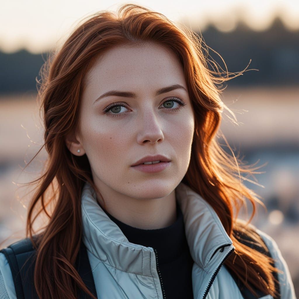 Auburn Haired Woman in Icy Meadow Portrait