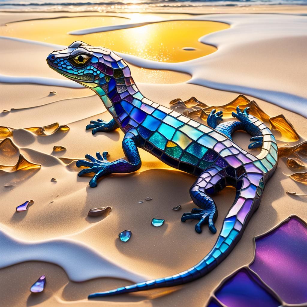 Stained Glass Lizard on Dreamlike Beach, Surreal Oil Paintin...