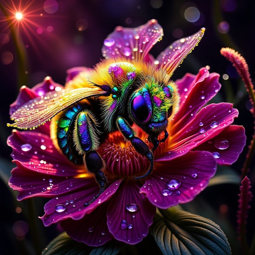 Cartoon Bee Sleeping in Starry Night, Alcohol Inks