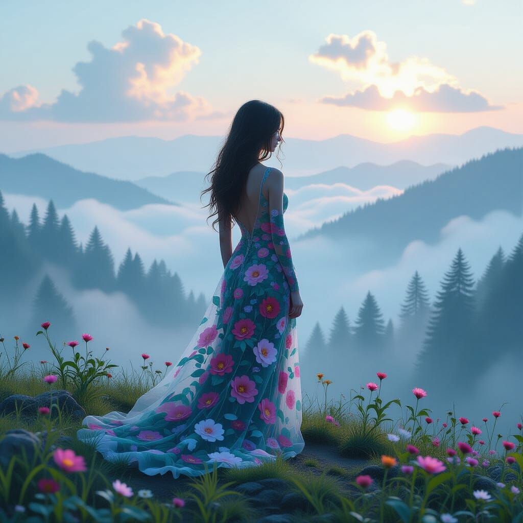Ethereal Woman with Floral Body in Misty Landscape