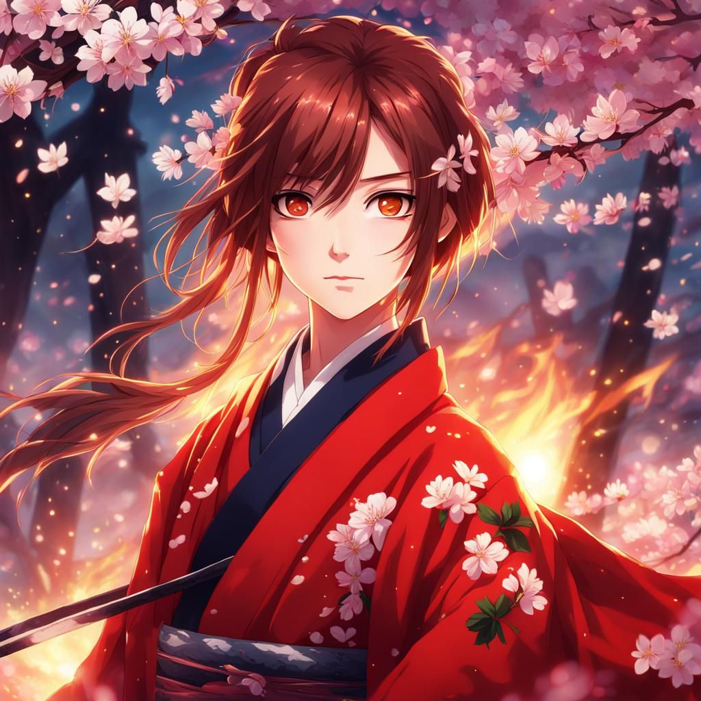 Anime Woman Warrior Surrounded by Burning Blossoms