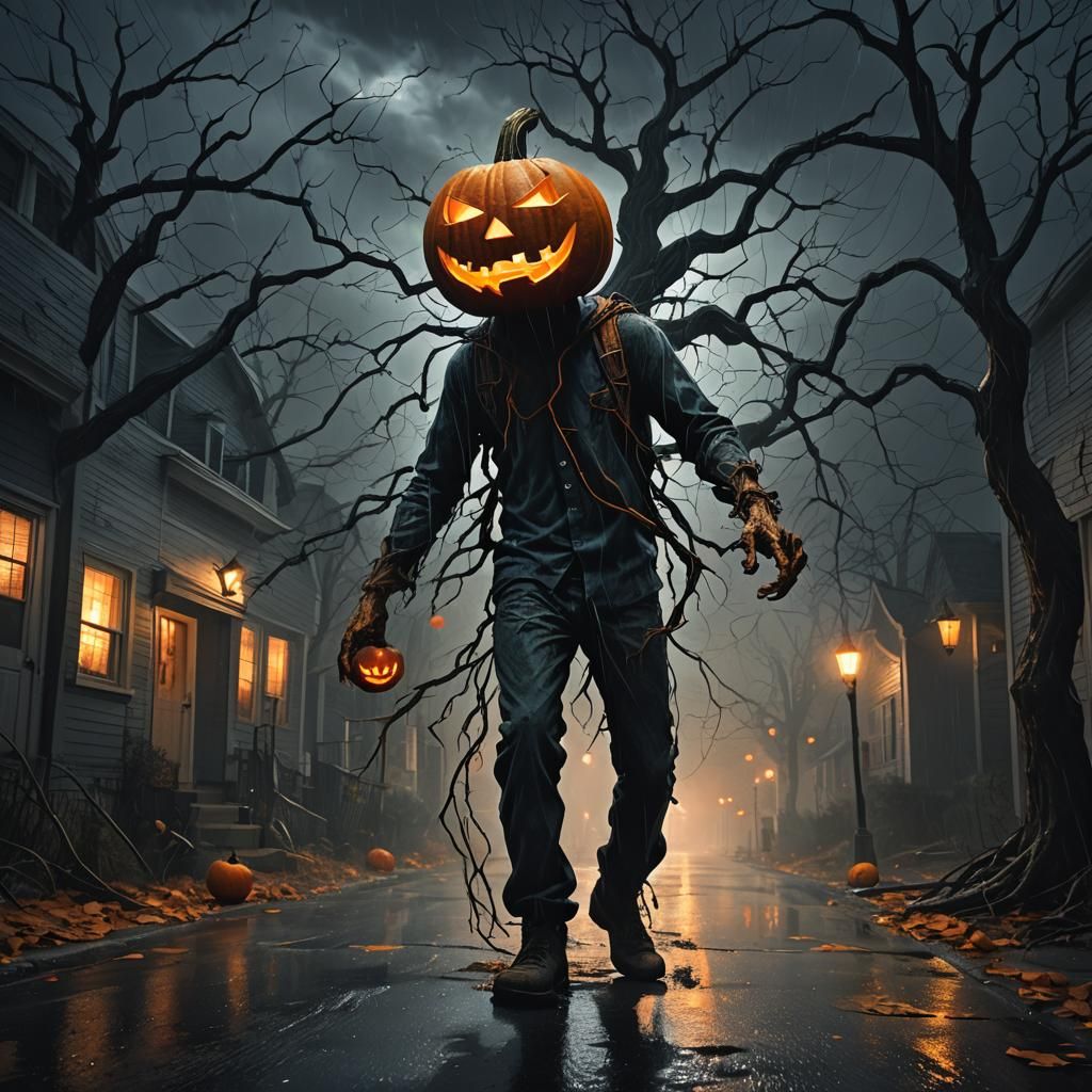 Jack O Lantern Man in Stormy Halloween Night