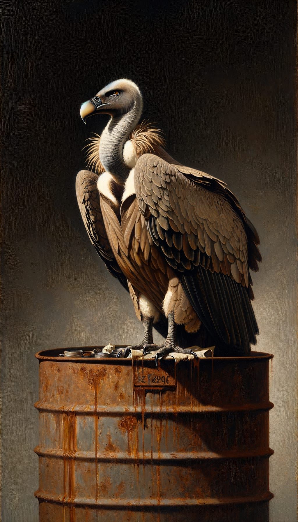 Vulture on Rusted Barrel: Classic Realism Oil Painting