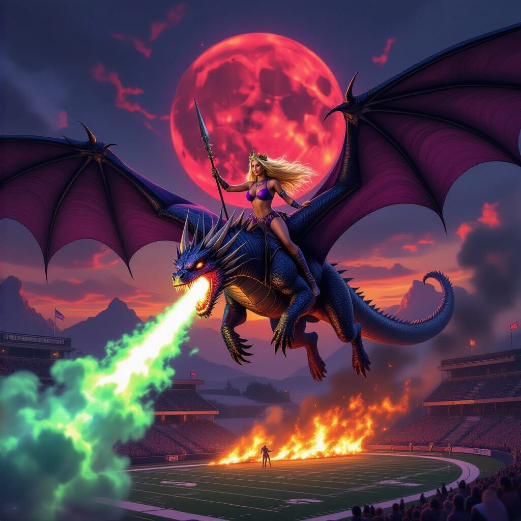 Dragon Rider on Metallic Dragon Over Burning Football Field