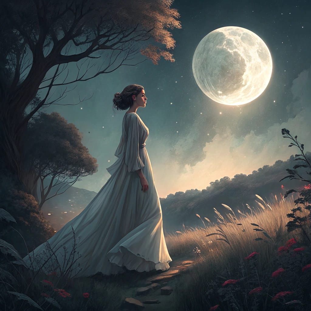 Woman in Moonlight: Dreamy Digital Painting