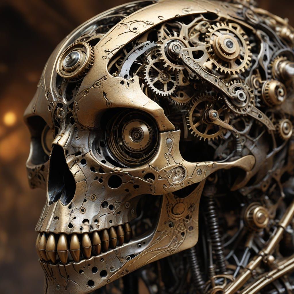 Steampunk Raven Skull with Clockwork Gears and Vines