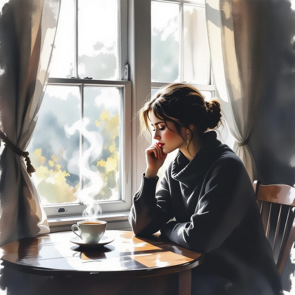 Woman in Thought by Window with Steaming Tea