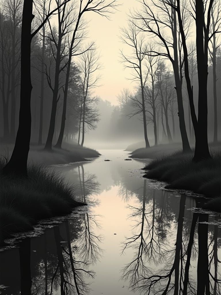 Misty Swamp Linocut Print in Duotone Style