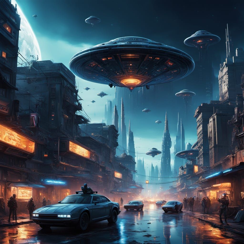 Surreal Cityscape of Alien Invasion at Dusk in Vibrant Oil P...