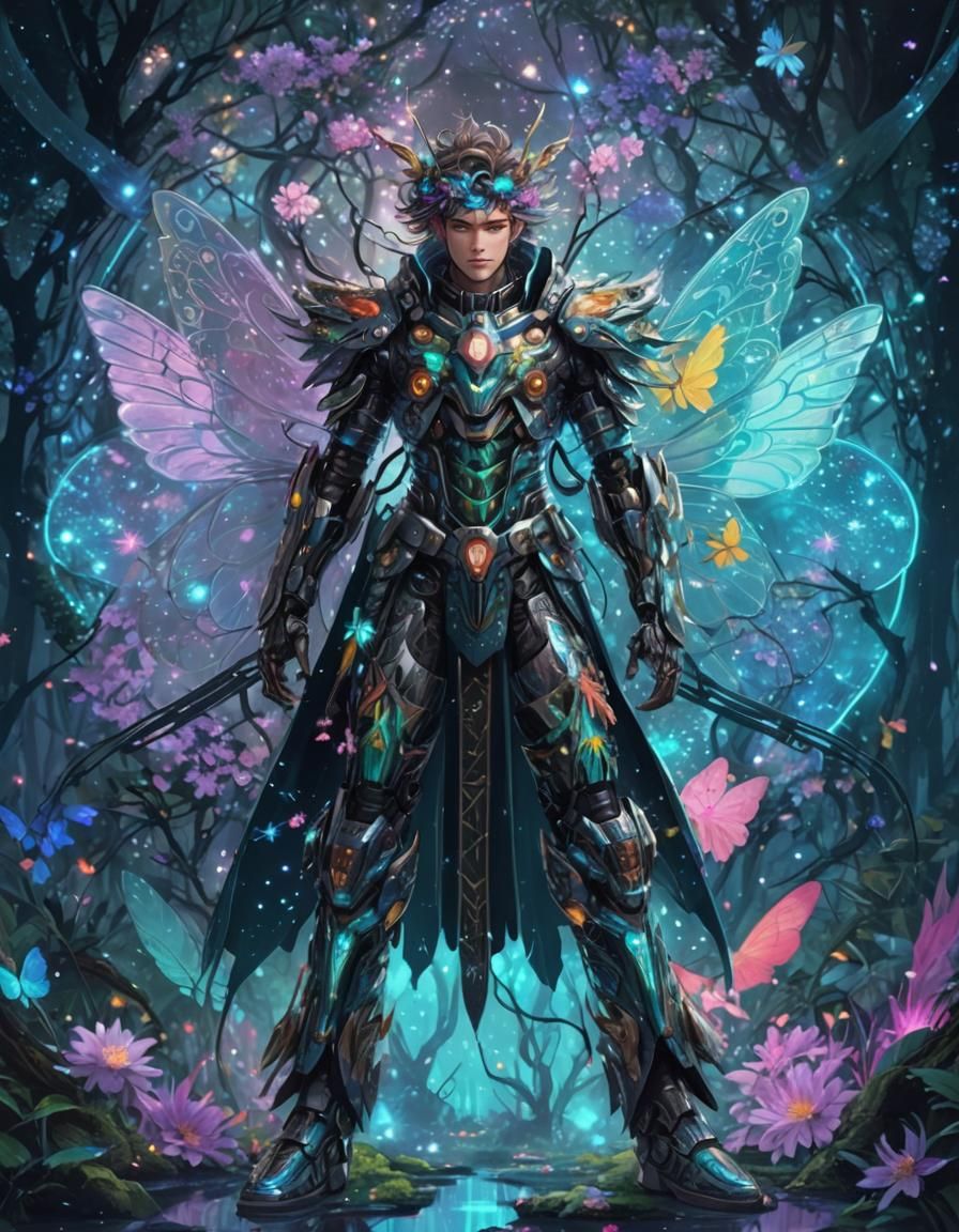 Moth Fairy in Bioluminescent Forest: Ink Anime Art