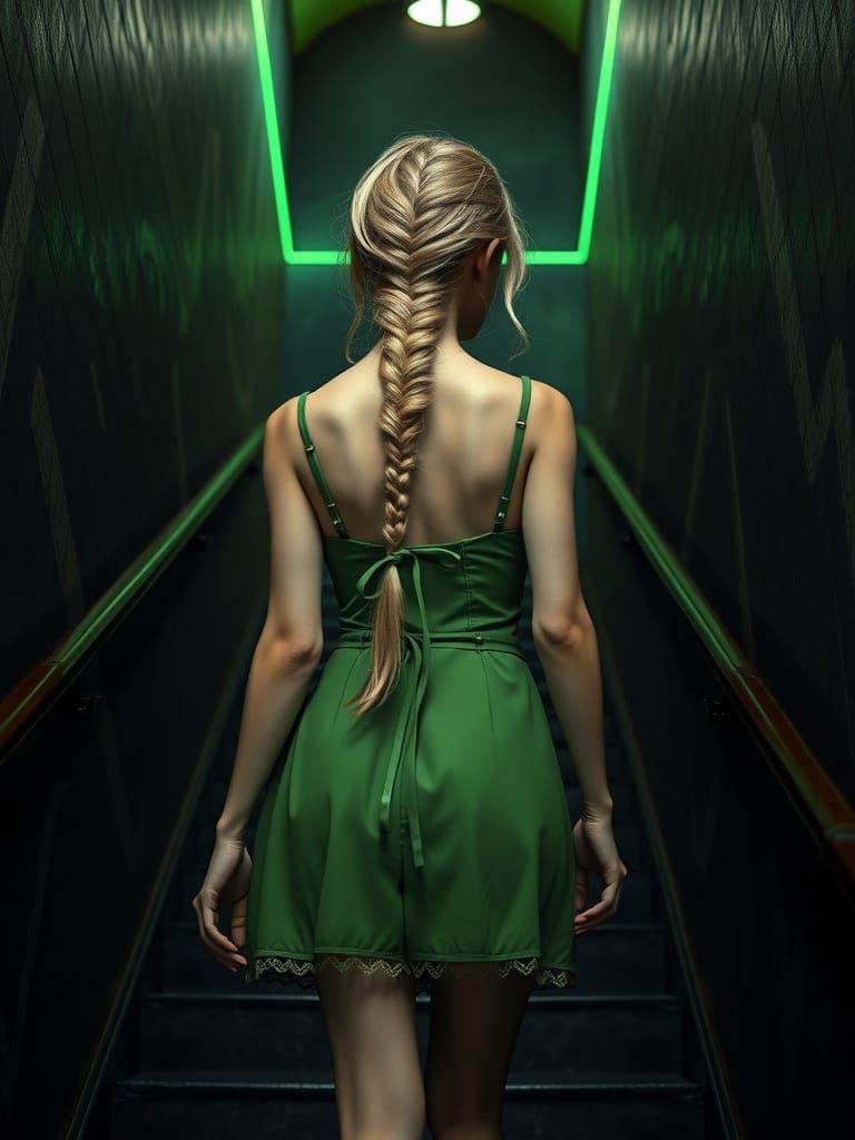 Woman in Green Dress Ascending Dark Staircase