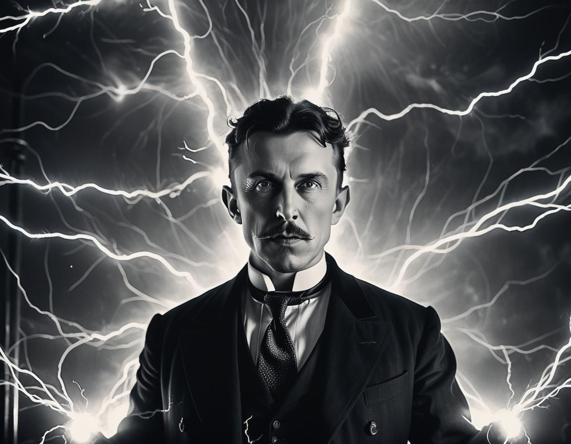 Tesla's Electric Experiment: Double Exposure in Monochrome