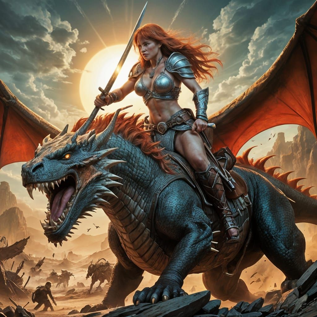 Conan and Sonja Ride a Dragon in Wasteland, Comic Style