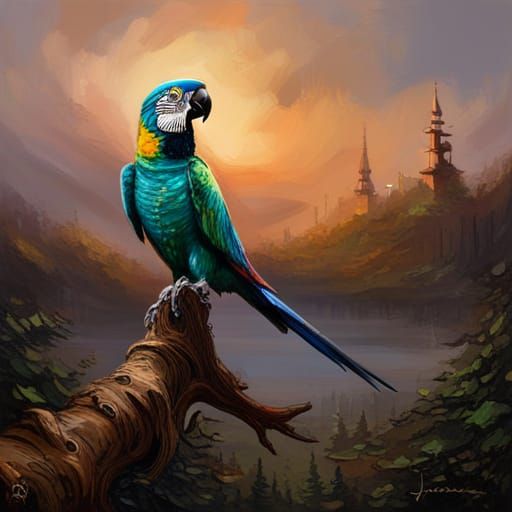 Steampunk Parrot on Scrap Metal Tree Oil Painting