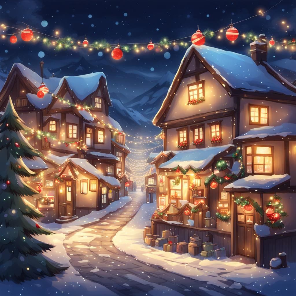 Cozy Christmas Village Street in Anime Style