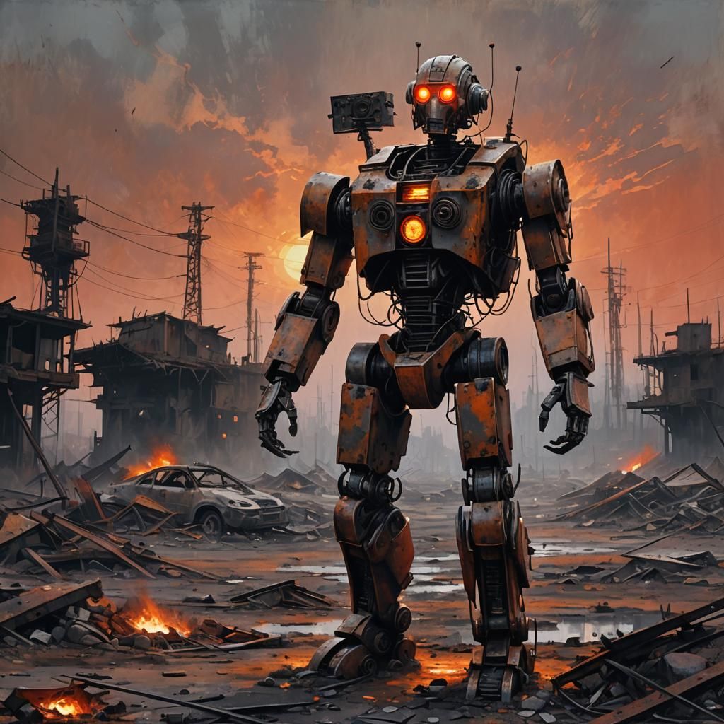 Worn Robot in Post-Apocalyptic Wasteland: Oil Painting