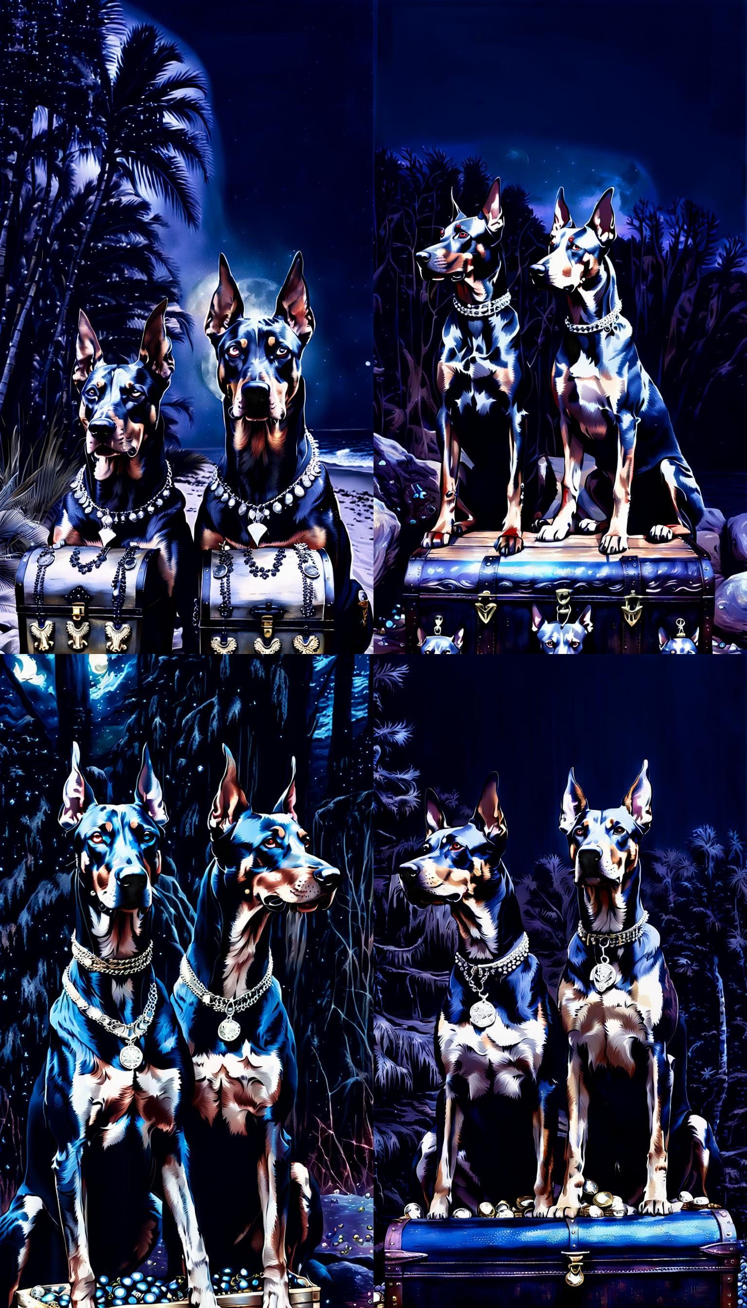 Dobermans Guarding Treasure in Pirate Scene