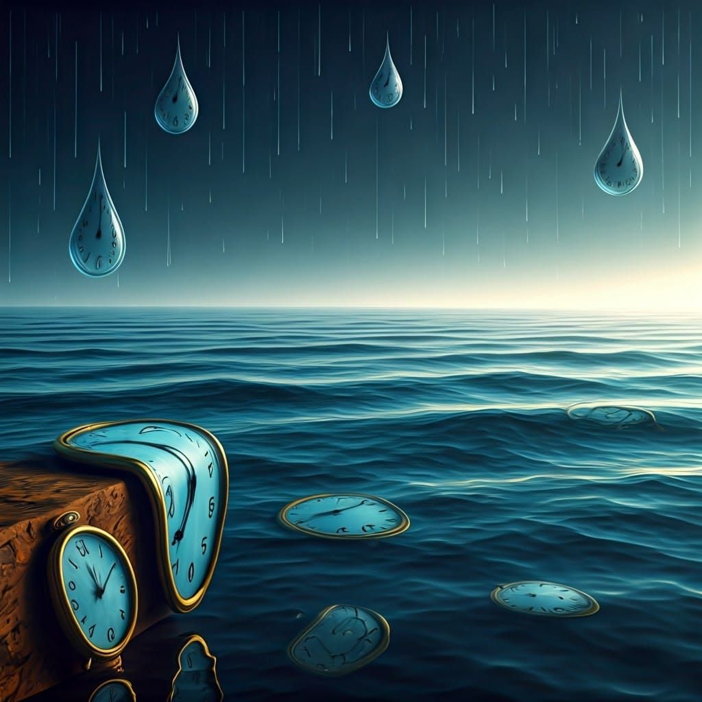 Melting Clocks on a Rainy Beach in Dali's Surreal Style