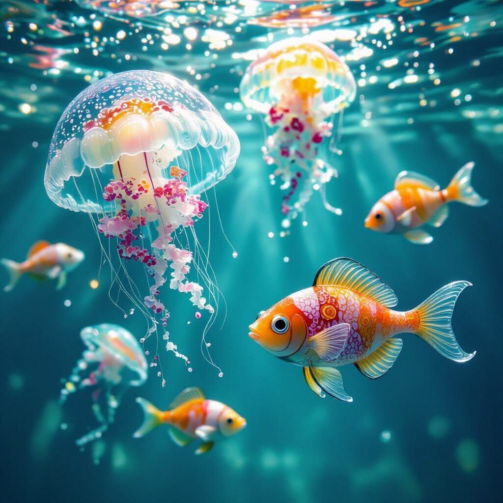 Vibrant Glass Ocean Creatures Underwater