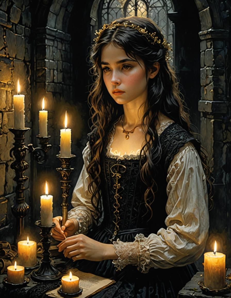 Candlelit Girl in Dungeon Watercolor Illustration