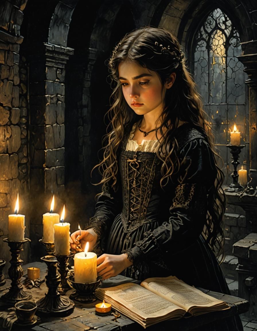 Candlelit Girl in Dungeon, Hyperrealistic Watercolor