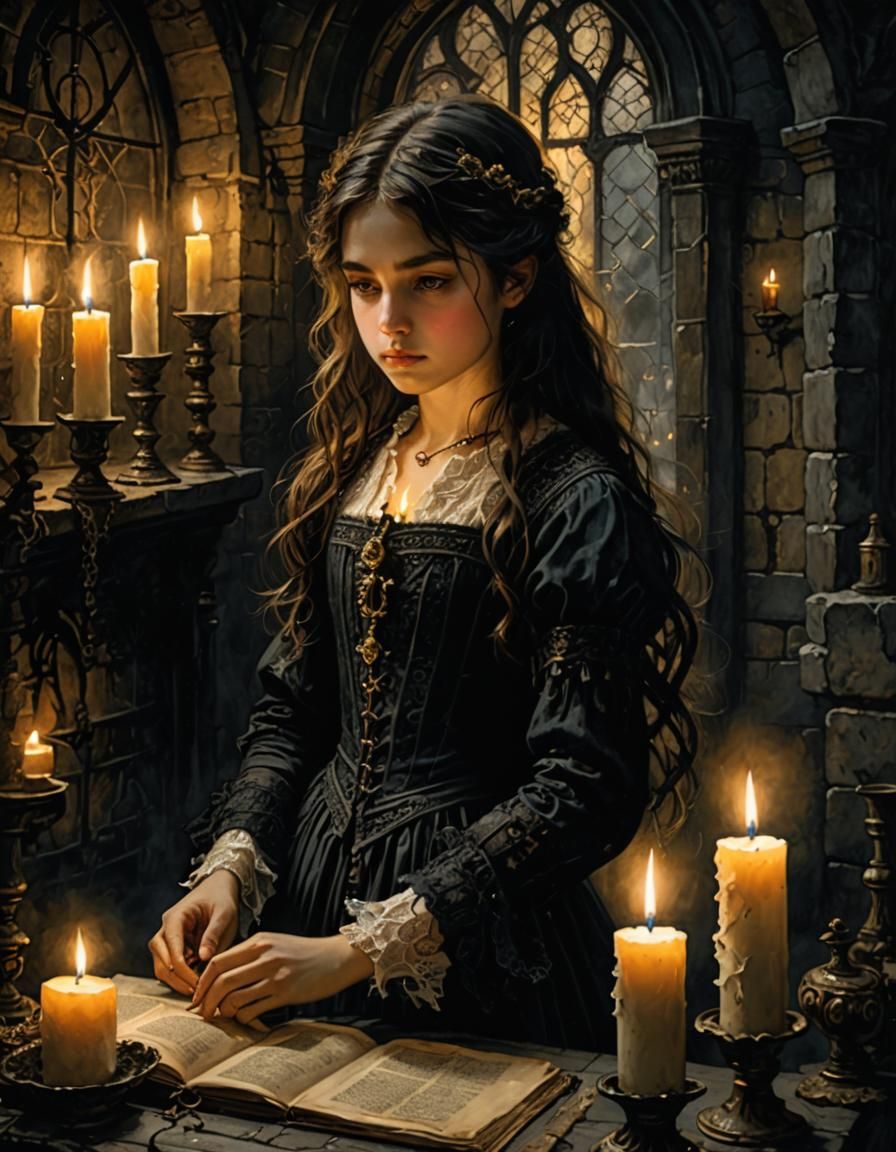 Candlelit Girl in Dungeon: Hyperrealistic Watercolor