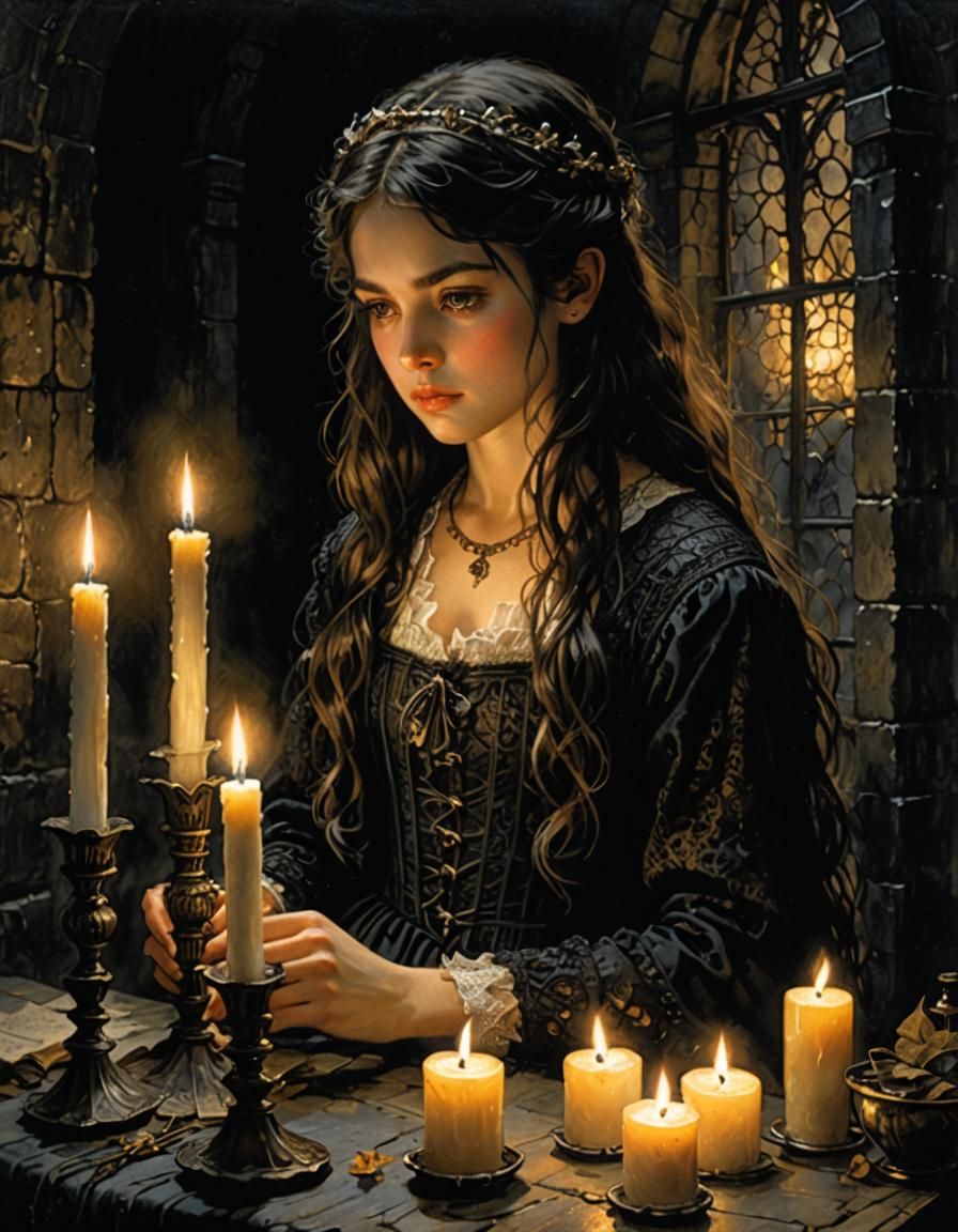 Candlelit Girl in Dungeon, Hyperrealistic Watercolor
