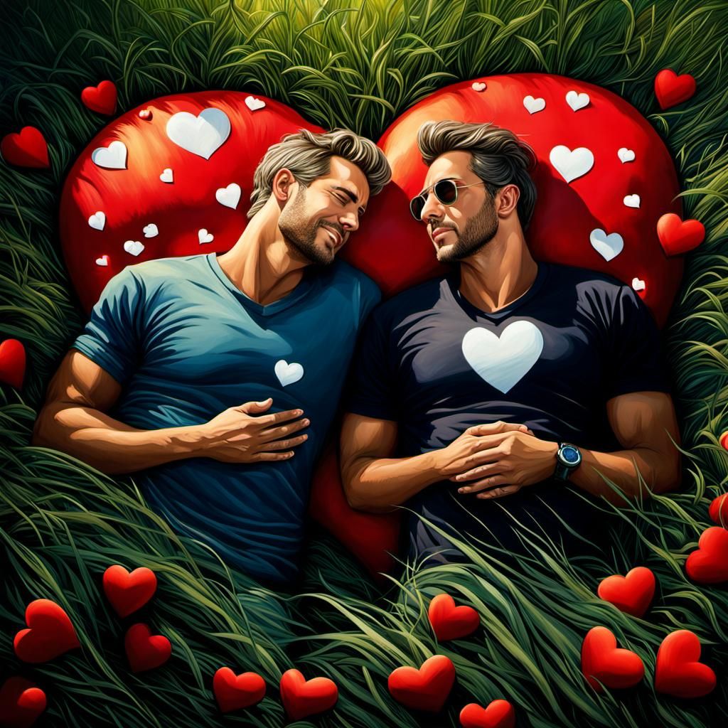 Two Handsome Men in Love in a Field