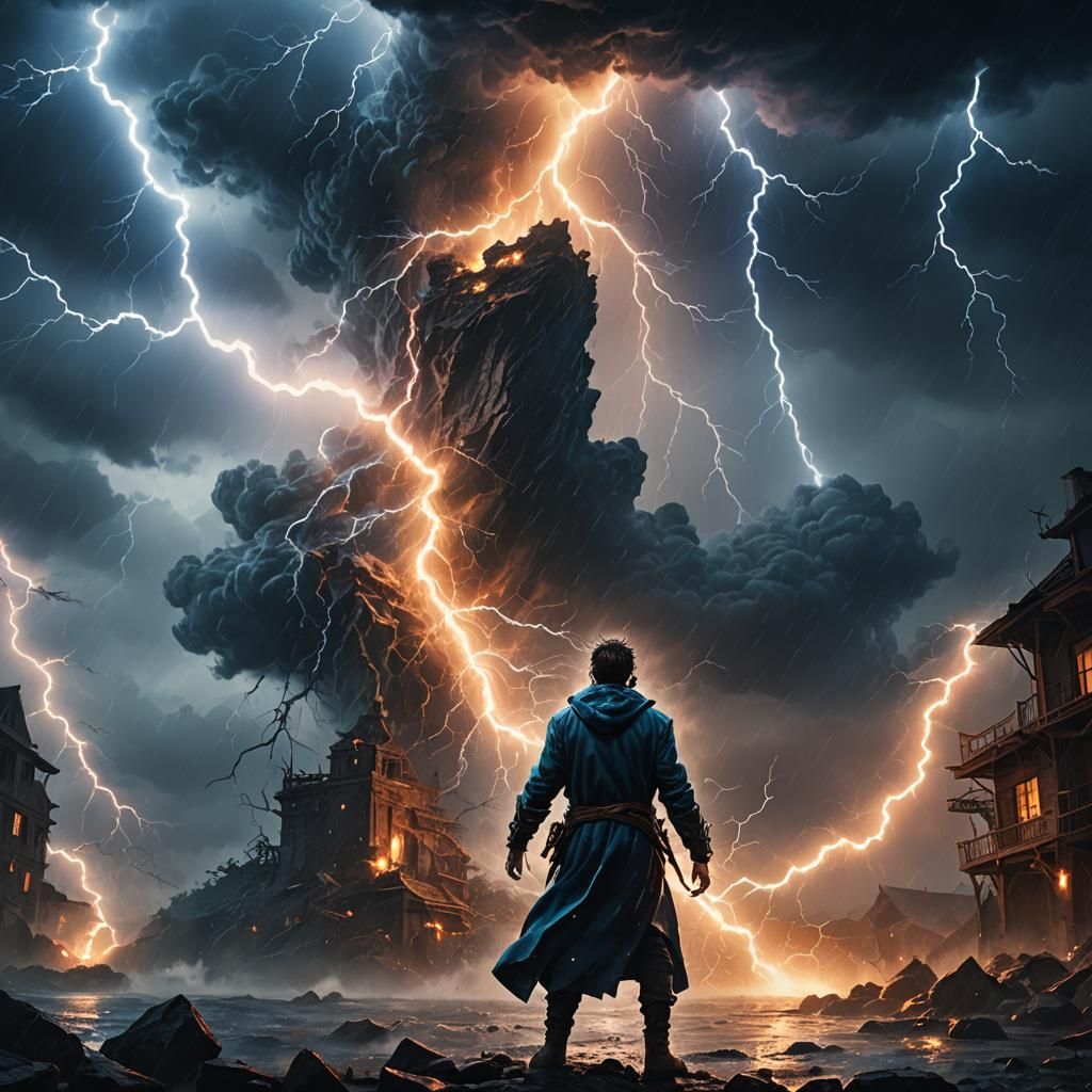 Fantasy Hero Braving a Turbulent Thunderstorm