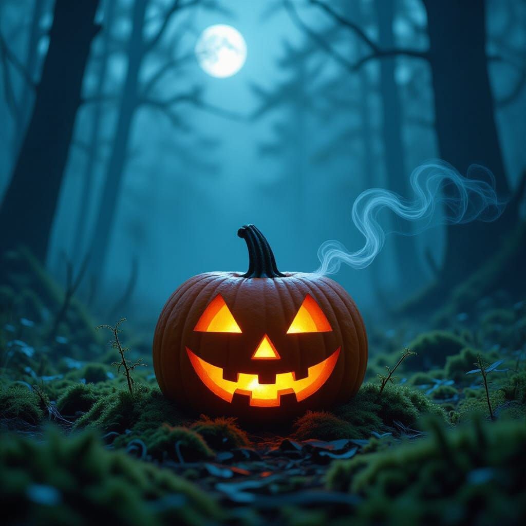 Mossy Jack-o'-Lantern in Moonlit Forest Clearing