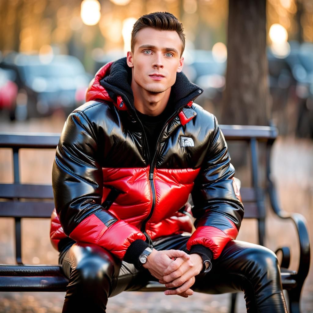 Muscular Man in Leather and Puffy Jacket