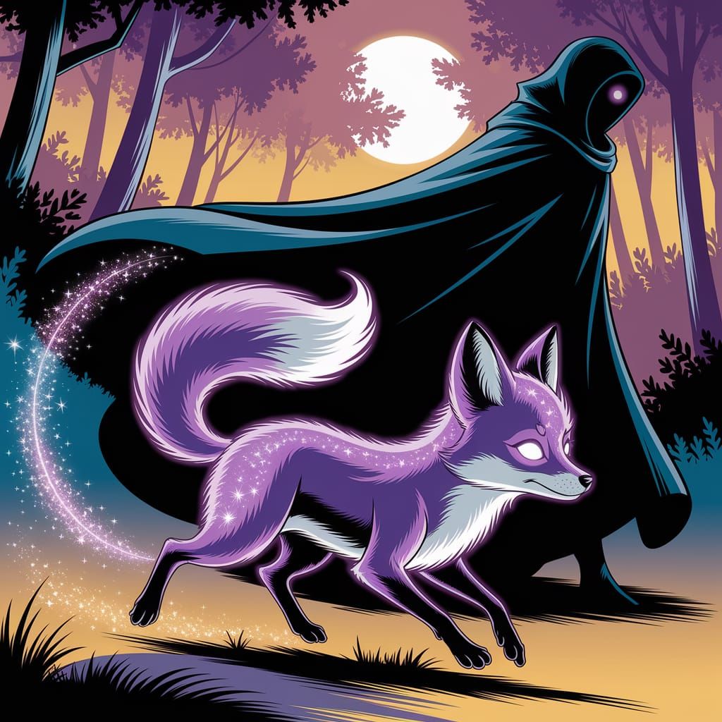 Mystical Fox Flees through Moonlit Forest in Comic Book Styl...