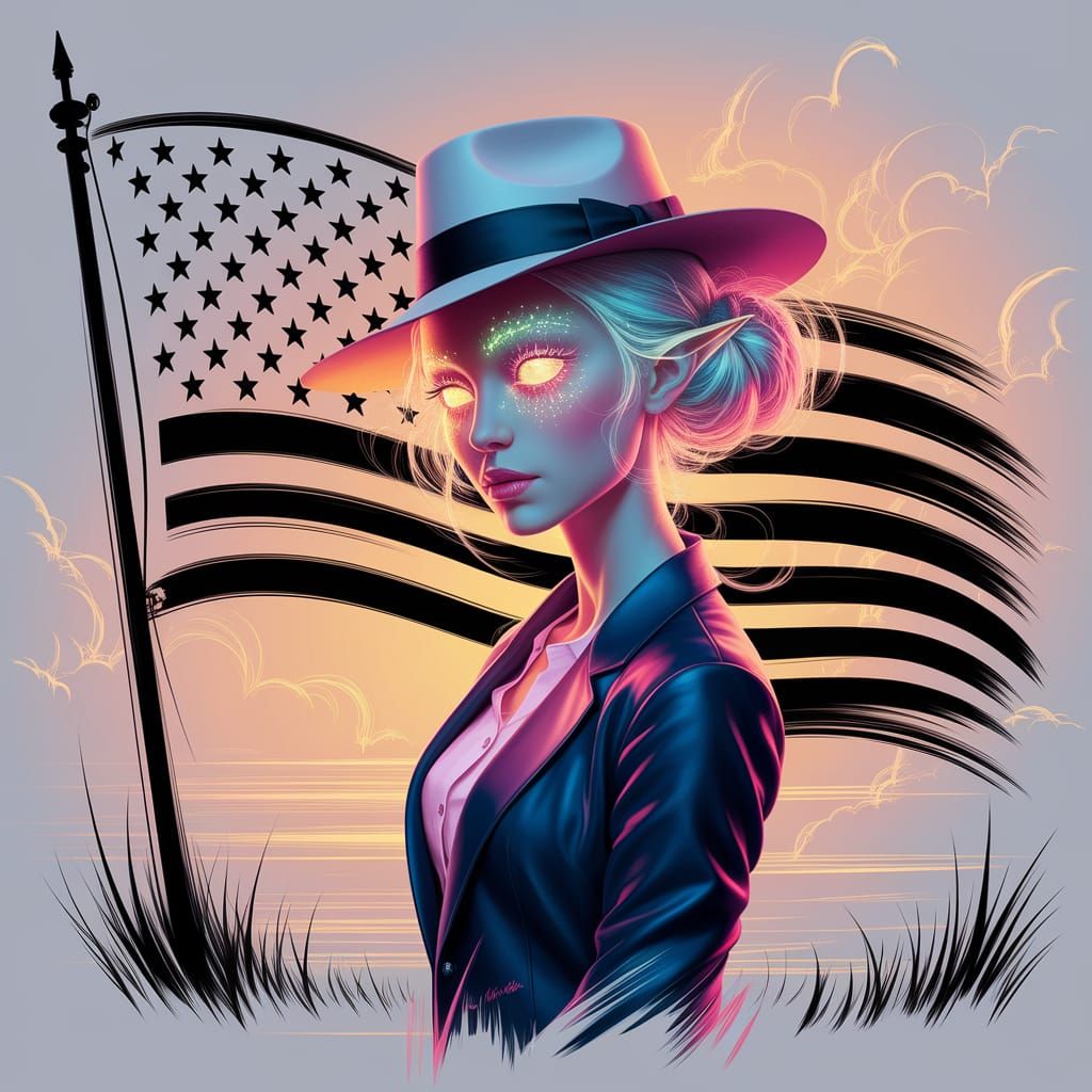 Whimsical Woman Portrait with American Flag Sketch