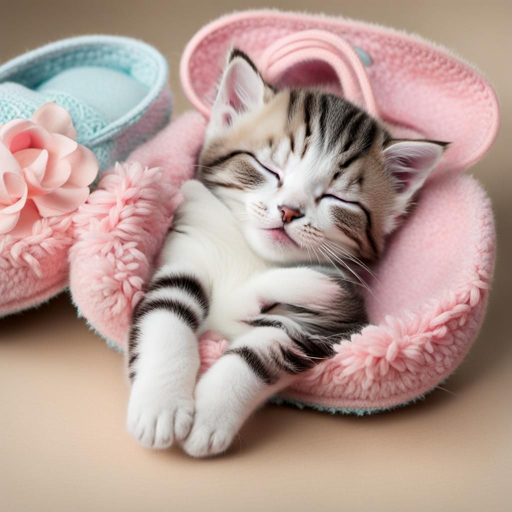 Cute Kitten Asleep Comfortably in a Slipper