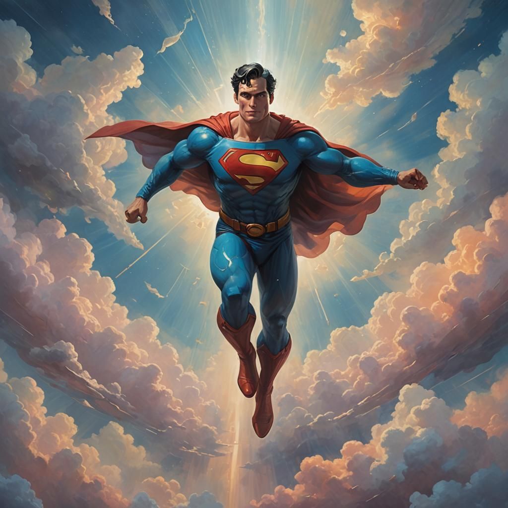 Superman Soaring Through Ethereal Clouds