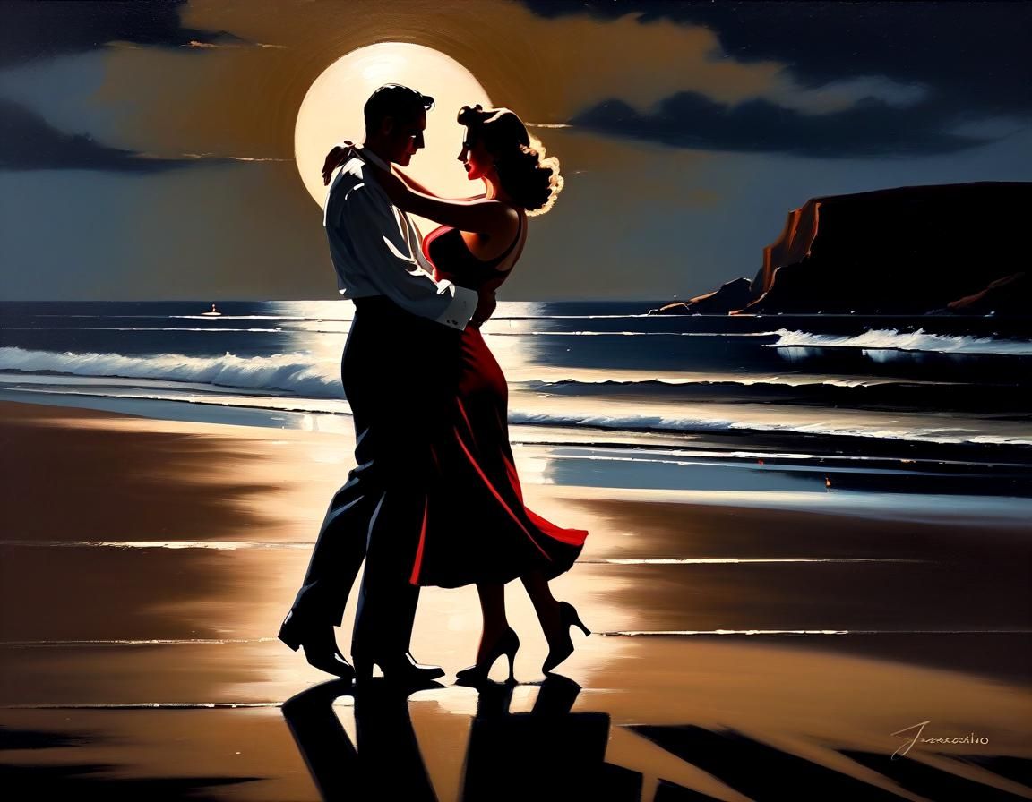 Moonlit Beach Dance: Romantic Oil Painting