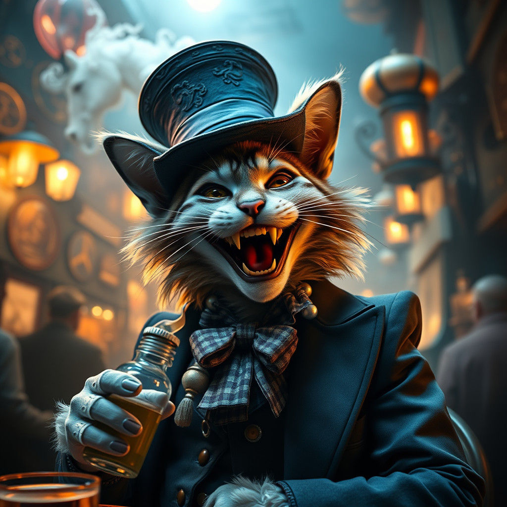 Photorealistic Laughing Cat in Harlequin Style