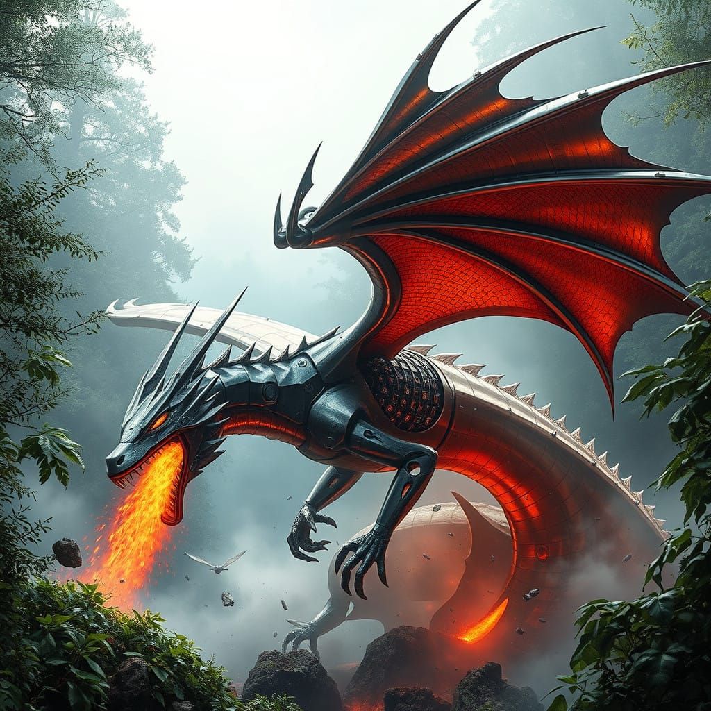Majestic Steel Dragon Unleashes Power in Futuristic Forest