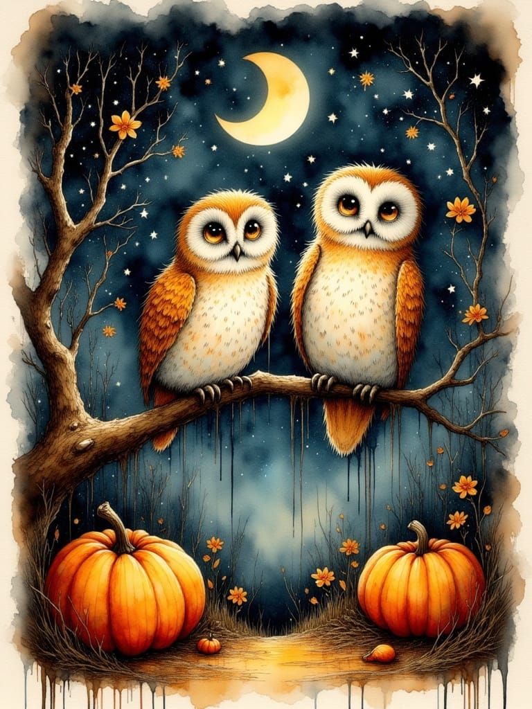 Vintage Halloween Art: Owls on Branch Under Moon