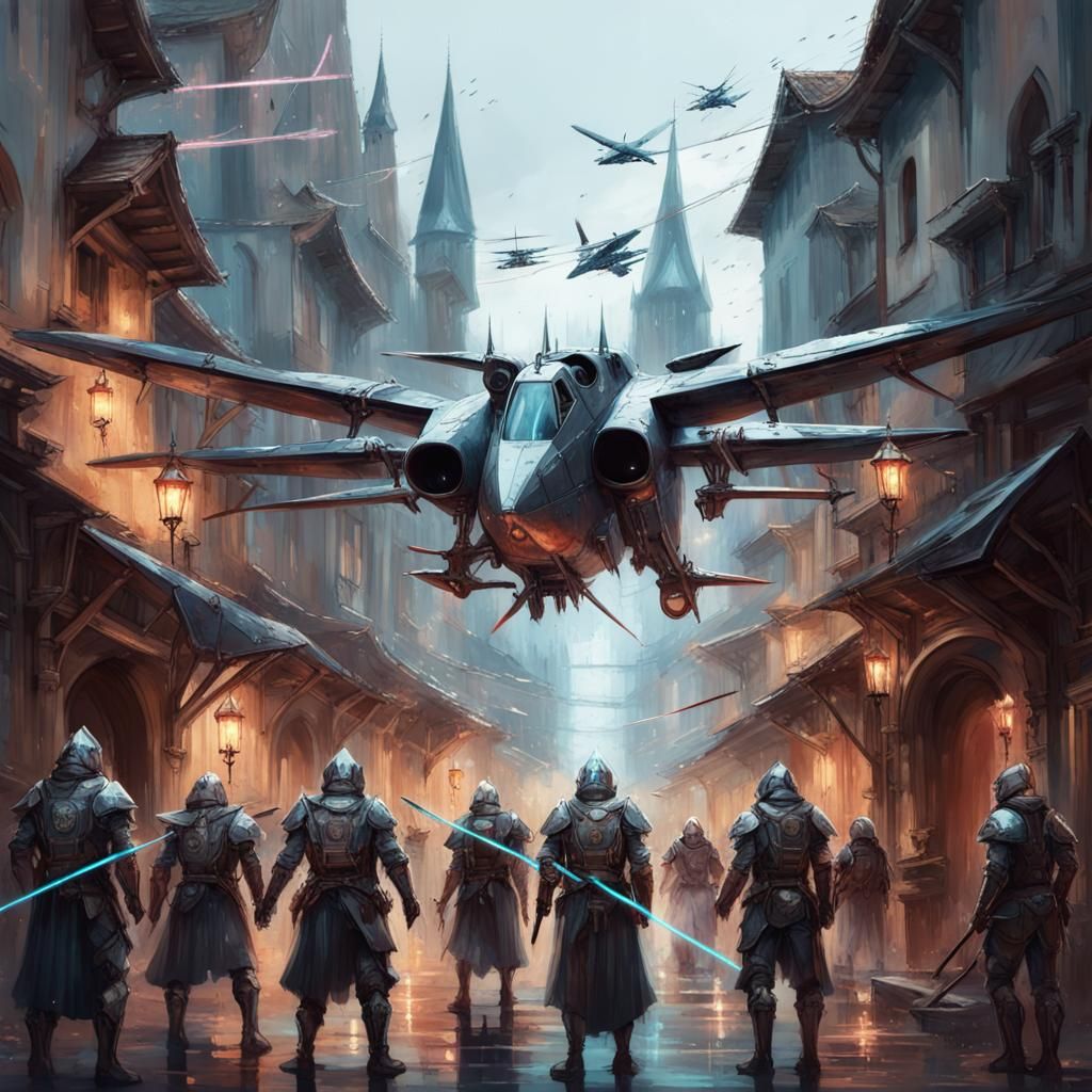 powerful scene of futuristic gothic war airforce planes and Amazon knights in medieval old town
